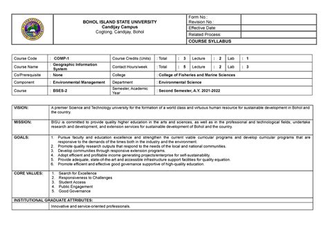 GIS learning plan - BOHOL ISLAND STATE UNIVERSITY Candijay Campus Cogtong, Candijay, Bohol Form ...