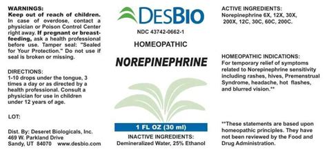 Norepinephrine by Deseret Biologicals, Inc. / Apotheca Company ...