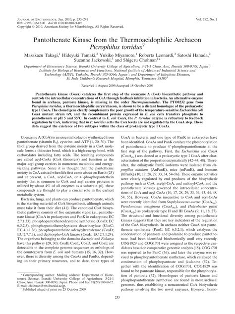 (PDF) Pantothenate Kinase from the Thermoacidophilic Archaeon Picrophilus torridus