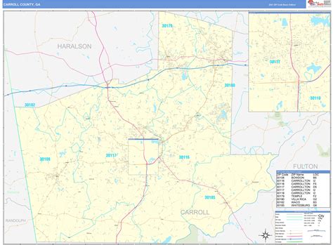 Carroll County, GA Zip Code Wall Map Basic Style by MarketMAPS - MapSales