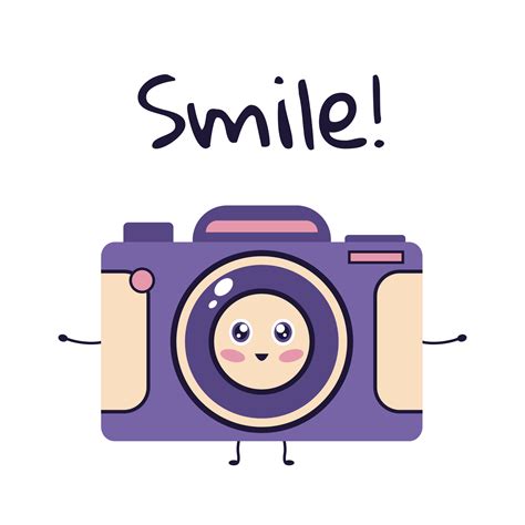 Cute character photo camera. Happy camera says Smile. Flat vector ...