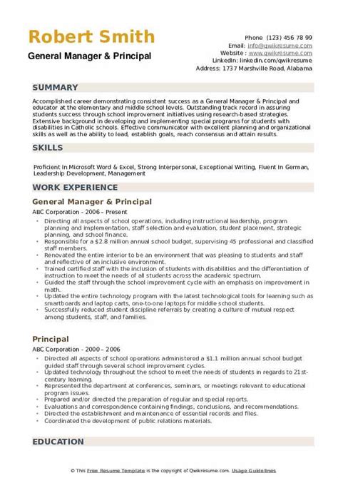 Principal Resume Samples | QwikResume