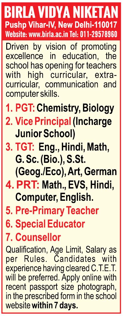 Birla Vidya Niketan, New Delhi Wanted Teaching and Non-Teaching Faculty | FacultyPlus