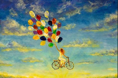 Happy Girl On Bicycle With Balloons Wall Art Painting