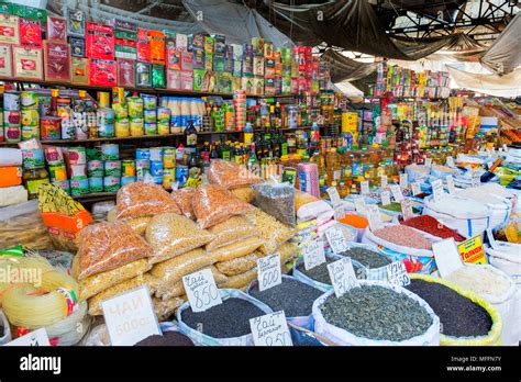 Food stall, Osh market, Bishkek, Kyrgyzstan, Central Asia Stock Photo ...