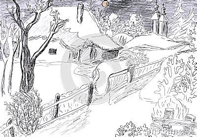 Winter Village Drawing Stock Image - Image: 12981031