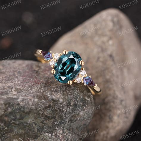 Vintage Teal Sapphire Engagement Ring Unique Oval Solid 14k Gold Ring ...