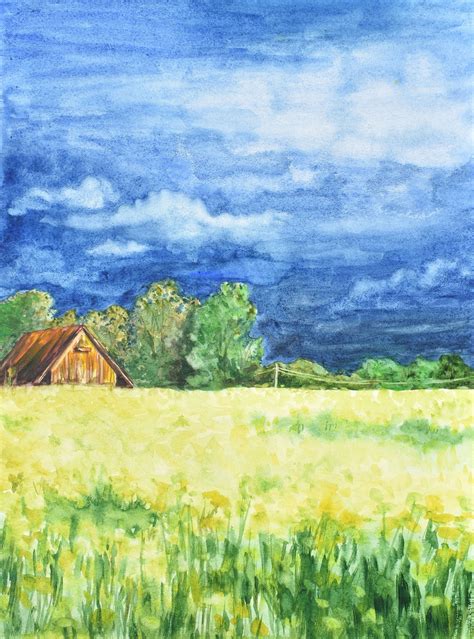 Farm Painting Yellow Field Watercolor Original Art 12 by 16 | Etsy