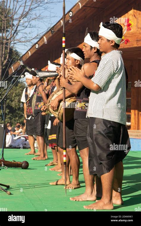 A group of Kuki tribe of Nagaland playing their folk music on stage ...