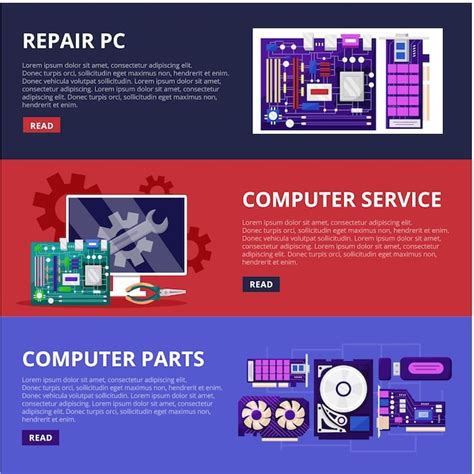 Premium Vector | Pc repair computer service web banners set hardware components desktop network ...