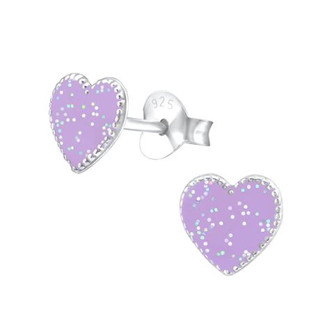 Light Purple Glitter Heart Earrings for Girls in Sterling Silver - The Jewelry Vine