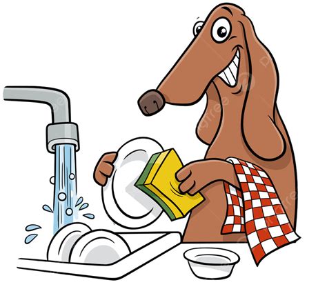 Cartoon Illustration Of Funny Dog Animal Character Washing Dishes, Art, Pet, Character PNG and ...