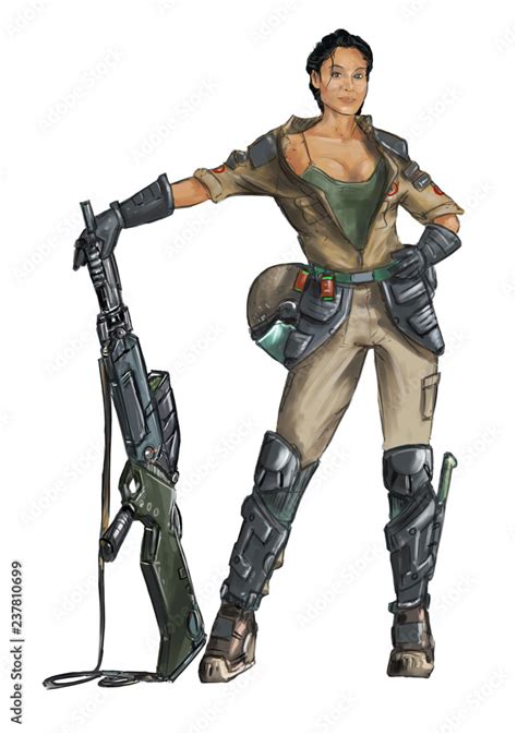 Concept art digital fantasy painting or illustration of beautiful sexy female soldier woman in ...