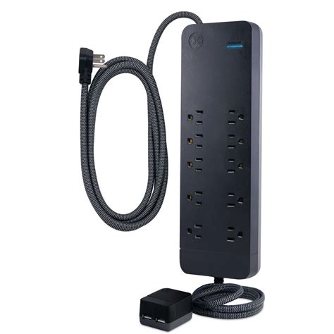 GE UltraPro 10-Outlet Surge Protector with 8 ft. Designer Braided Extension Cord, 2 USB Ports on ...