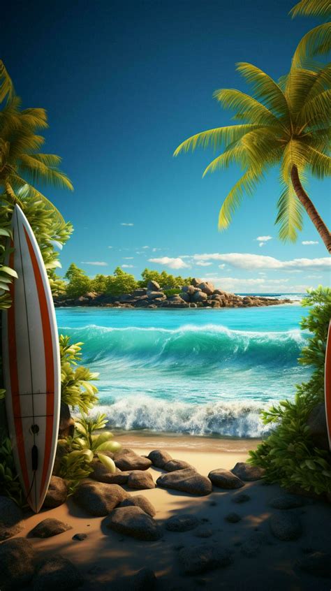 Surfing haven Paradise island adorned with palms invites with vibrant ...