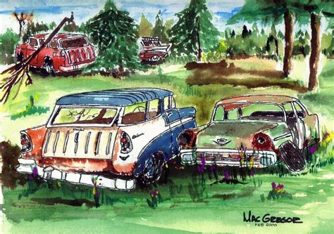 Junkyard scene of Classic Chevrolet Nomad Station Wagons & 56 Chevy Watercolor Art Print ( 1955 ...