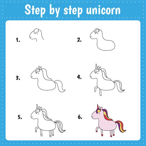 Drawing lesson for children. How draw a unicorn. Drawing tutorial for kids. Step by step repeats ...