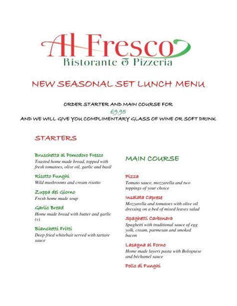 NEW SEASONAL SET LUNCH MENU - Al Fresco