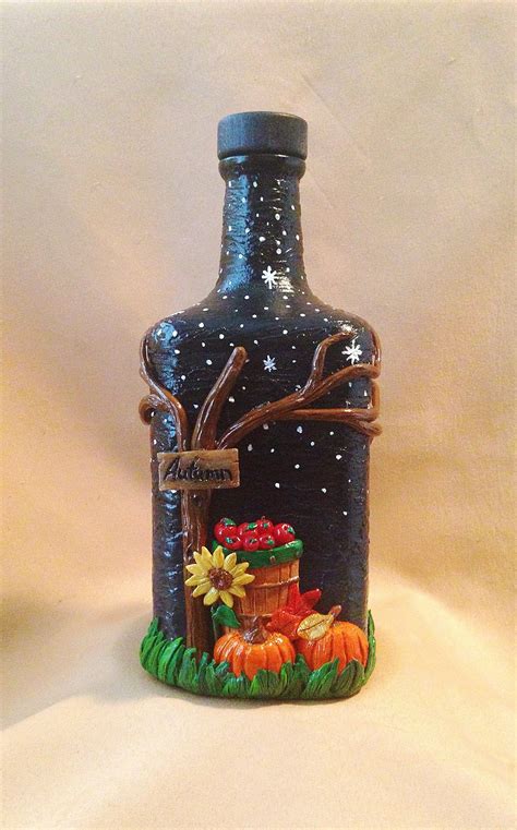 Fall/Autumn Decor,Fall/Autumn Mixed Media Art,Autumn Altered Bottle Decanter,Polymer Clay | Wine ...