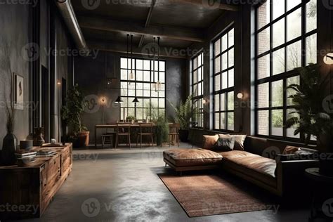 Living room loft in industrial style 3d render. 23354410 Stock Photo at Vecteezy