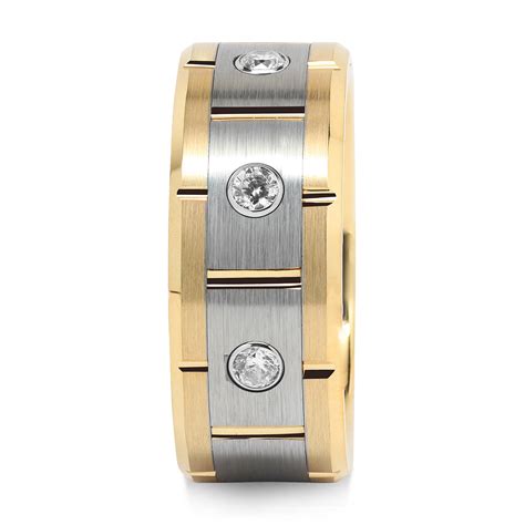 Tungsten Ring for Men Women 14k Gold & Silver Center Brushed CZ Inlaid