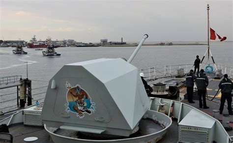 Royal Canadian Navy Halifax class frigate 57mm Bofors Gunshield art HMCS FREDERICTON 337 departs ...