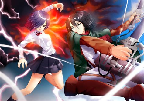 Download Touka Kirishima Mikasa Ackerman Anime Crossover HD Wallpaper