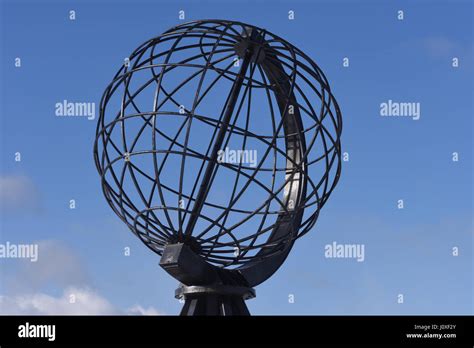 The globe monument on North Cape, Nordkapp. The monument overlooks the Barents Sea. Nordkapp ...