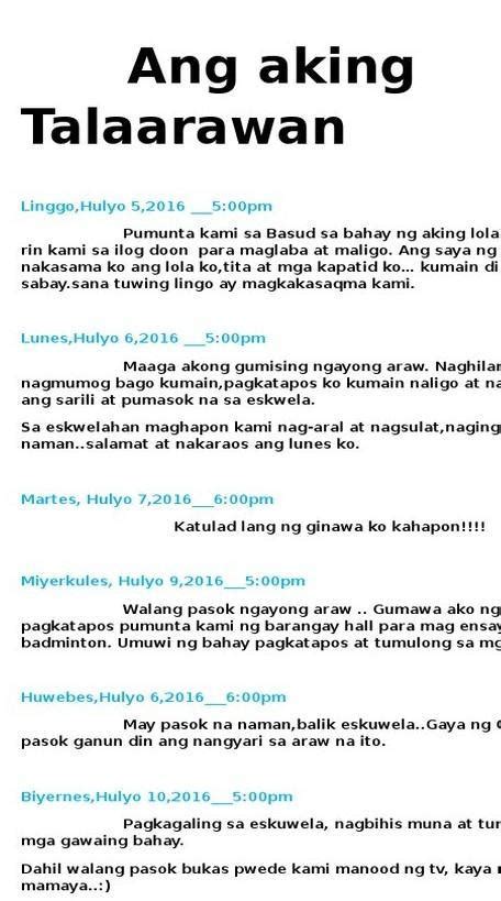 mag bigay ng halimbawa ng talaarawan na apat na araw - Brainly.ph