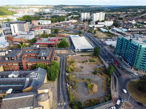 Luton City Centre and Local Buildings, High Angle Drone's View of Luton City Centre and Railway ...