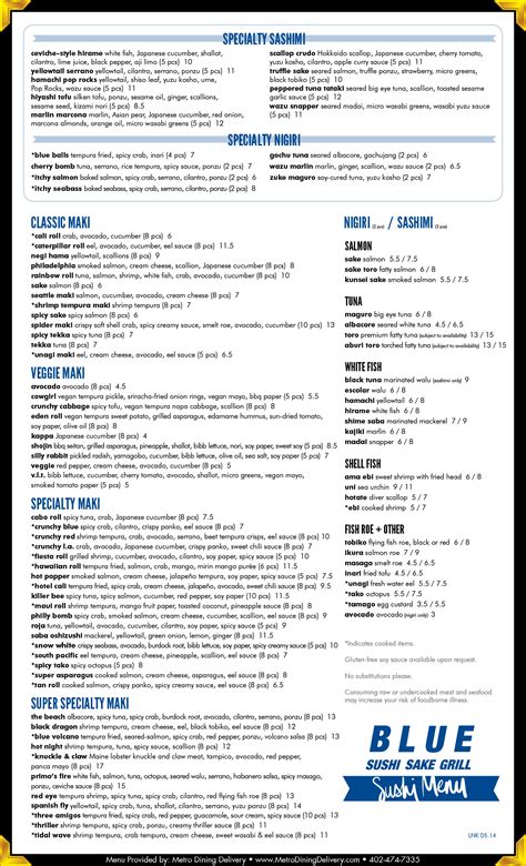 Blue Sushi Sake Grill Menu - (402) 805-4232 - Lincoln NE - Provided by Metro Dining Delivery