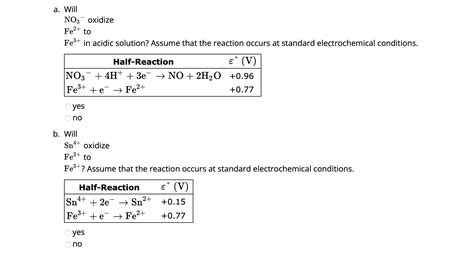 Solved a. Will NO3−oxidize Fe2+ to Fe3+ in acidic solution? | Chegg.com