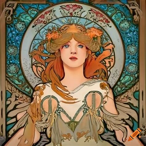 Inspired by alphonse mucha's botanical art, angels in a scenic nature setting on Craiyon