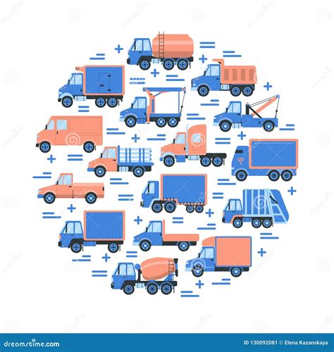 Cargo Transportation Round Concept with Different Types of Trucks in Flat Style. Stock ...