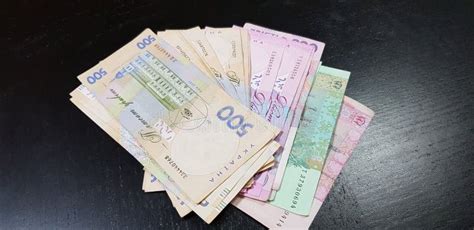 Hryvnia Banknotes of Various Merits Spread on Black Table Stock Photo - Image of account ...