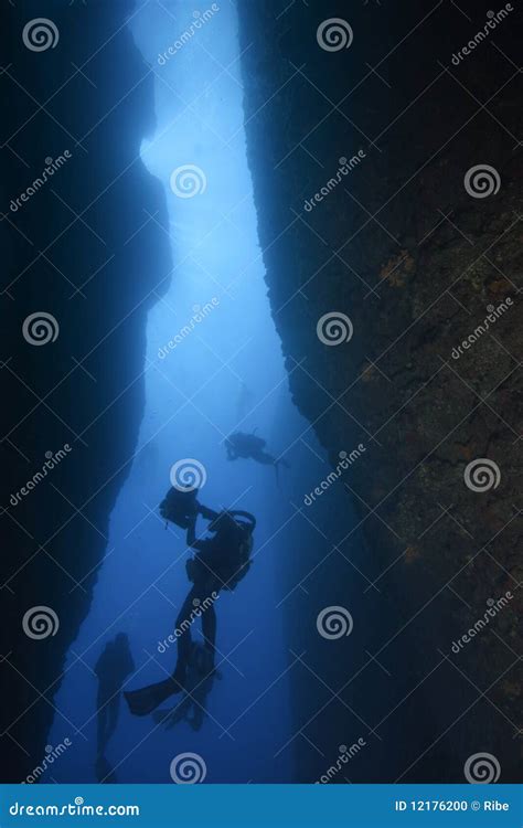 Diver in underwater canyon stock photo. Image of equipment - 12176200