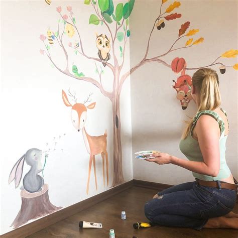 Child room. Wall painting. Fairytale tree four seasons | Wall painting ...