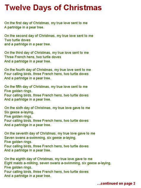 Lyrics To The 12 Days Of Christmas Printable