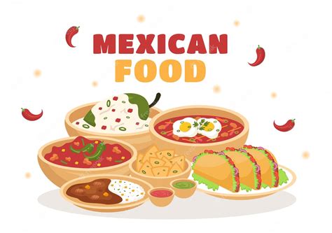 Restaurante de comida mexicana con varios de deliciosa cocina tradicional en ilustración plana ...