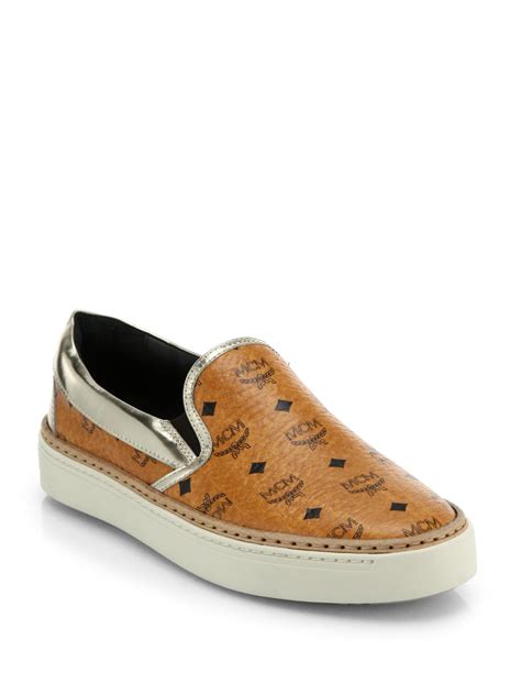 MCM Visetos Logo-print Leather Slip-on Sneakers in Brown - Lyst