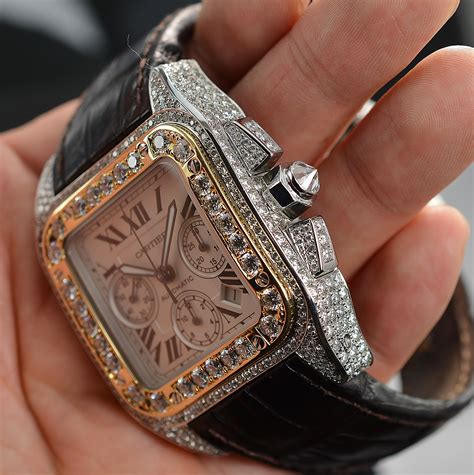 Cartier Santos 100 XL Chronograph Watch with 15.02 Carats of Diamonds 18K Gold/SS .82 Carat ...