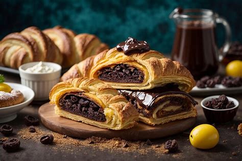 Premium AI Image | Chocolate puff pastry croissant chocolate eclair and ...