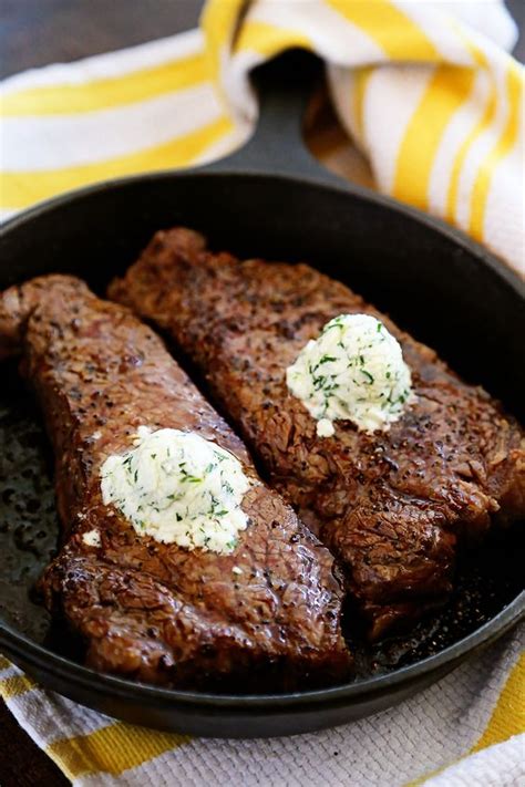 2- Cast Iron Skillet New York Strip Steaks with Gorgonzola Cheese Herb Butter _ This skillet ...