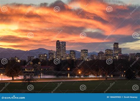 Denver Colorado Skyline during Sunset, with the Rocky Mountains Visible in the Background Stock ...