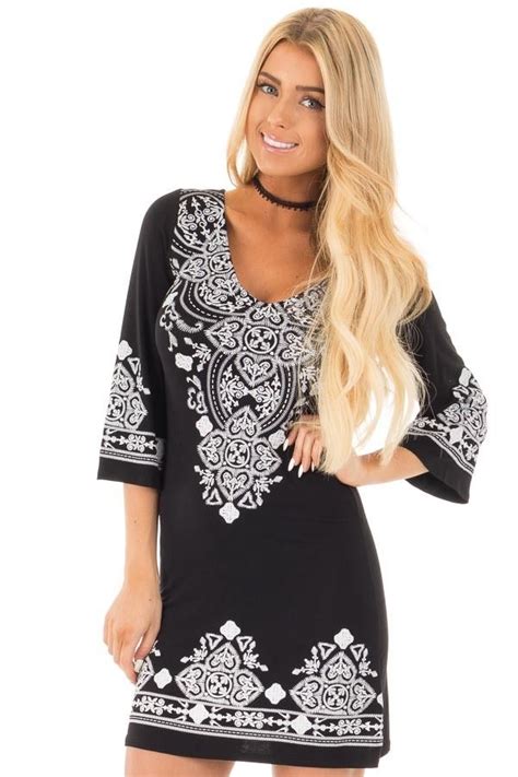 Black 3/4 Sleeve Dress with White Embroidered Detail