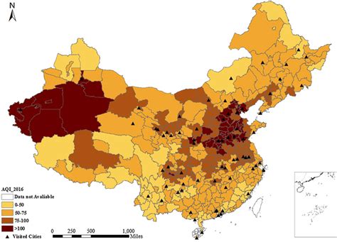 Distribution of different AQI levels of Chinese cities and visited ...