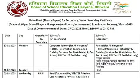 HBSE Date Sheet 2023: हरियाणा बोर्ड मैट्रिक और इंटर की परीक्षा डेटशीट जारी, इस लिंक से डाउनलोड ...