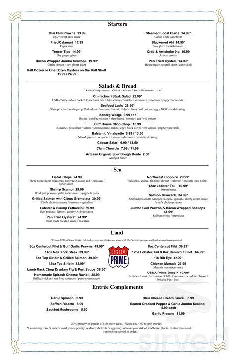 Cliff House Restaurant menu in Tacoma, Washington, USA