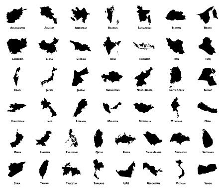 Asia Silhouette Map Pack Asian Country Illustration Solid Vector Isolated On White Background ...