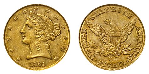 1861 C Coronet Head Gold $5 Half Eagle Type 1 - No Motto - Liberty Head - Early Matron Gold ...